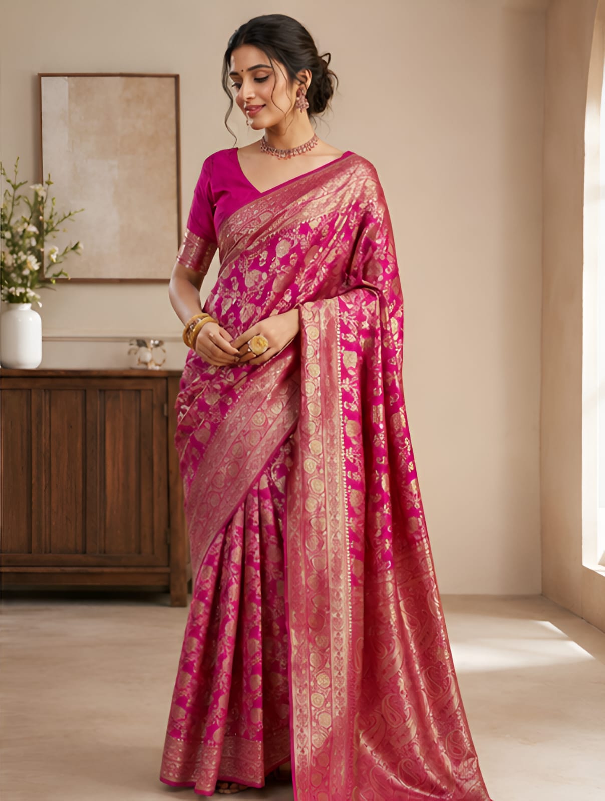 Rani Pink Silk Banarasi Saree